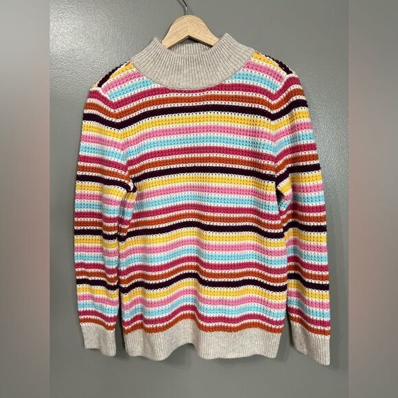 Talbots MOCKNECK SWEATER - HAPPY STRIPE size medium petite chunky crochet knit - Picture 2 of 6